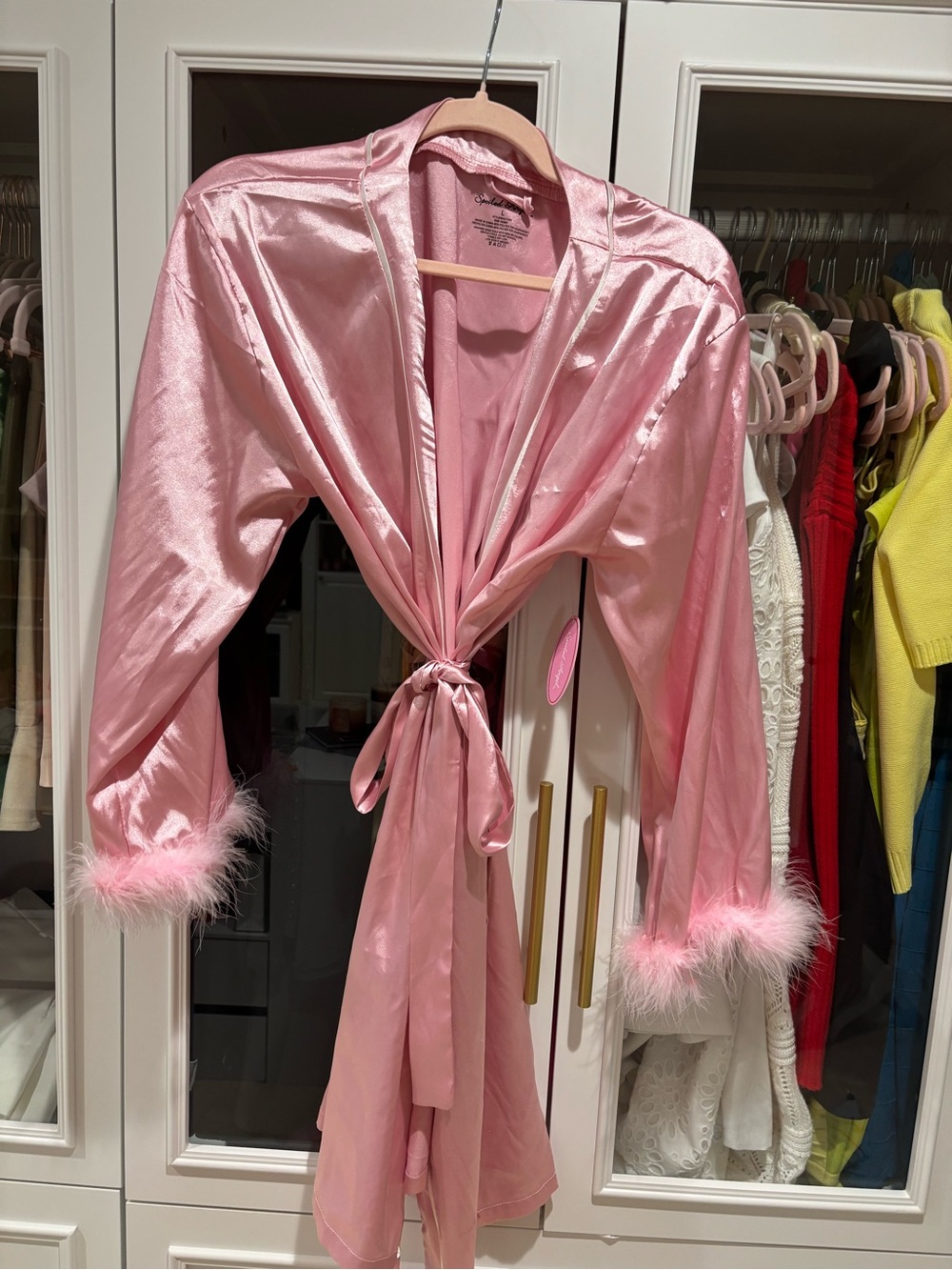 & Other Stories Pink Satin Feather-Trim Tie-Waist Robe